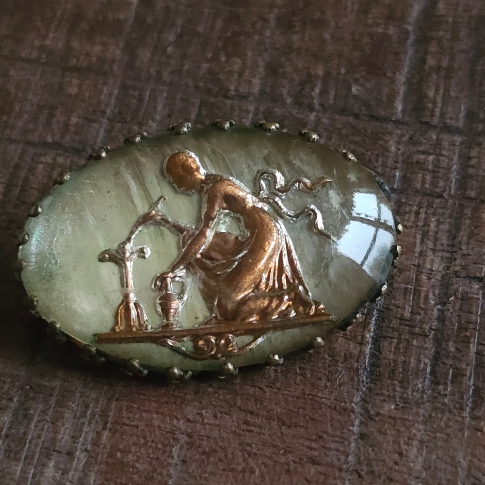 Vintage Classical Cameo Brooch Woman at Well Green Pearlescent Brass Tone Oval